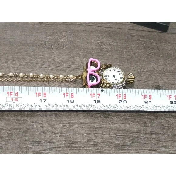 Betsey Johnson Back To Cool Owl Pink Glasses Faux Clock Pendant Necklace New - Picture 8 of 8